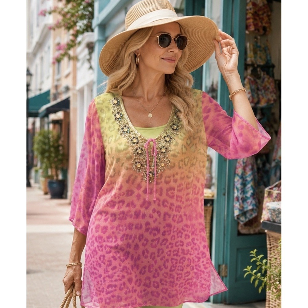 Aqua Blue Beaded Leopard Print Tunic Top Pink Green Ombre Sheer Size L